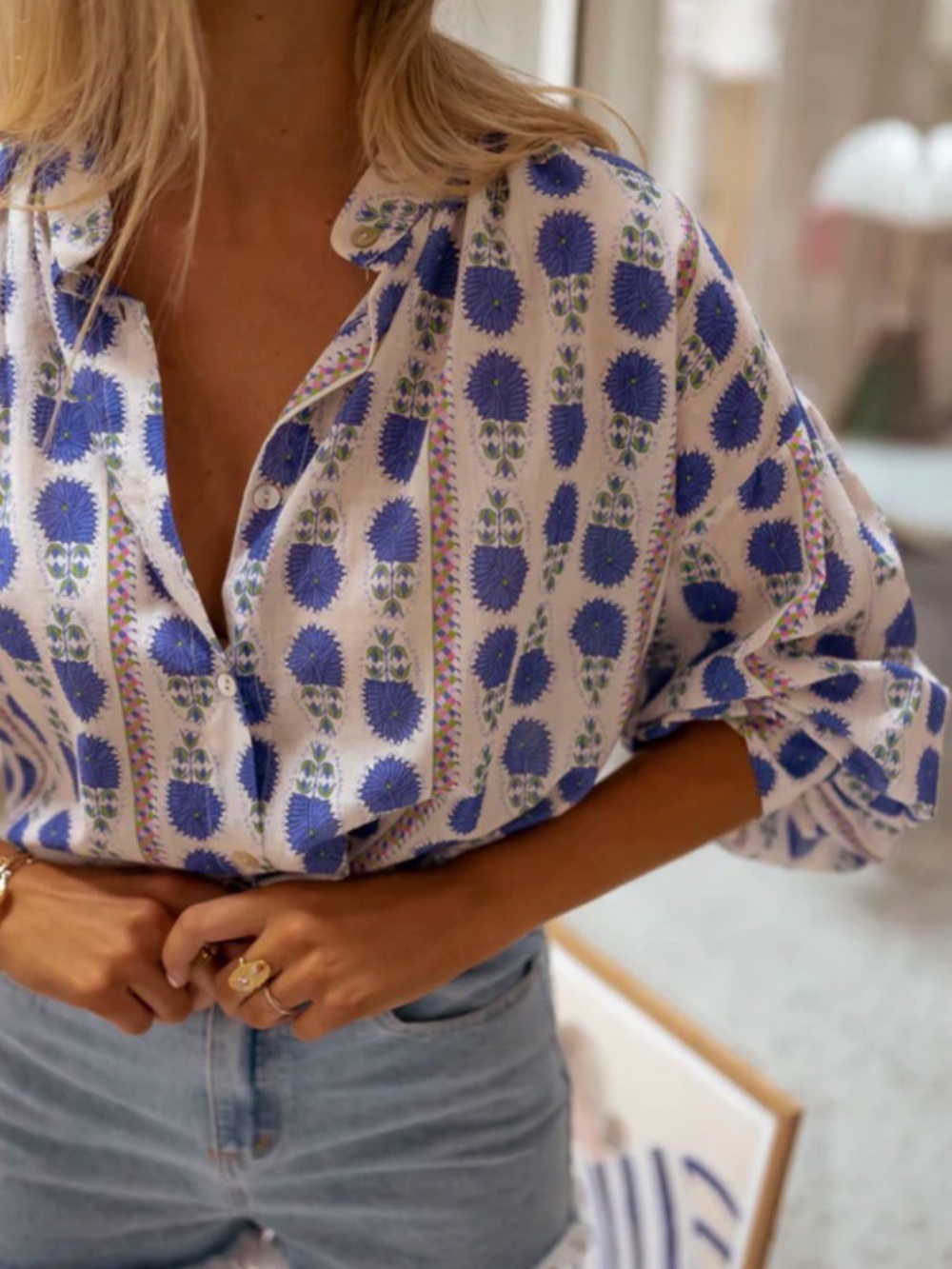 Blue Floral Print Button-Up Top - Women's